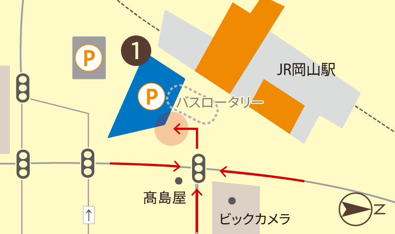 岡山一番街地下駐車場入口へのルート